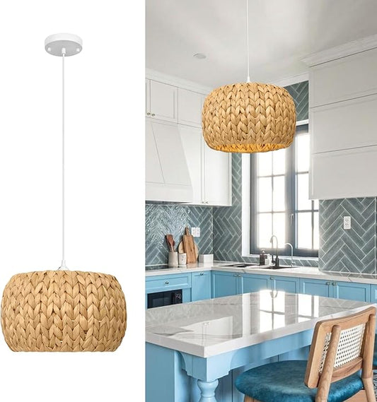 Rattan Pendant Light - Pumpkin Pendant Lights for Home Decor - Natural Woven Pendant Light; Wicker Pendant Light for Dining Room, Kitchen Island