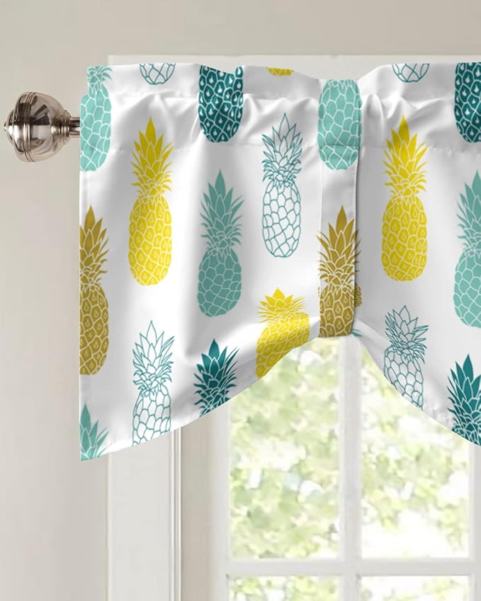 Tie Up Valance for Kitchen Living Room Farmhouse - Yellow Teal White and Blue Pineapple Rod Pocket Adjustable Tie-up Shade Valance for Small Window, Balloon Drape Valance 60x18 inches