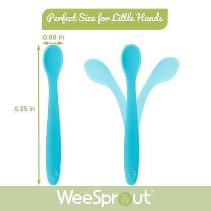 WeeSprout Silicone Baby Spoons - First Stage Infant Feeding Utensils With Soft-Tip, Bendable Kitchenware for Parent & Self-Feeding, Ultra-Durable, Dishwasher Safe, Travel Case, Set of 3