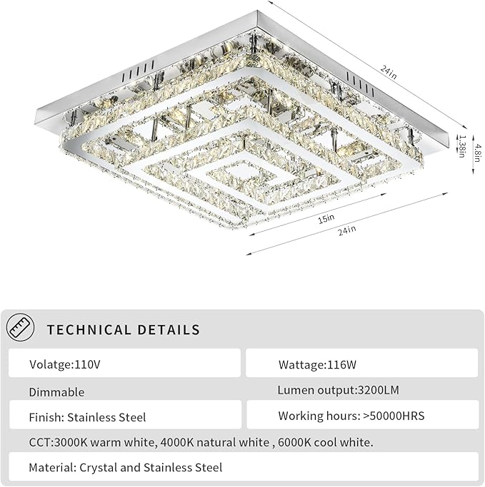 24" Large Elegant Crystal Chandelier, Modern Led 3 Color Dimmable Ceiling Light 2 Layers Square Flush Mount Ceiling Lamp for Bedrooms Dining Rooms Living Room Kitchen Staircase Hallway(Dimmable)