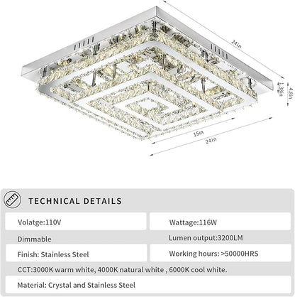 24" Large Elegant Crystal Chandelier, Modern Led 3 Color Dimmable Ceiling Light 2 Layers Square Flush Mount Ceiling Lamp for Bedrooms Dining Rooms Living Room Kitchen Staircase Hallway(Dimmable)