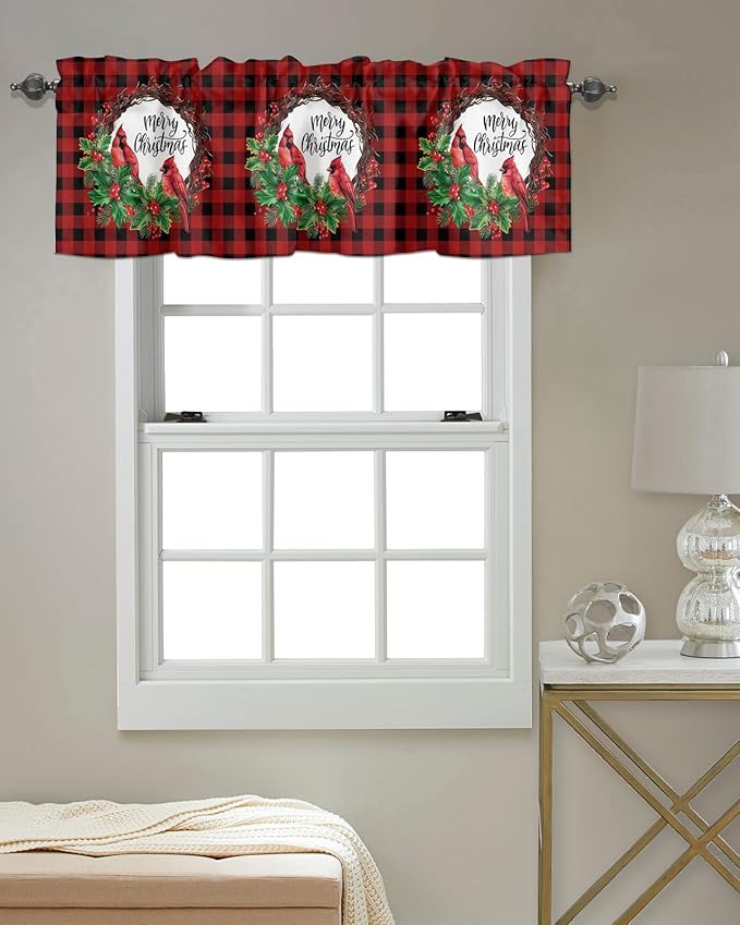 Vandarllin Merry Christmas Kitchen Curtains Valances for Windows Winter Cardinal Holly Berries Rod Pocket Window Treatment for Kitchen/Living Room/Bedroom/Bathroom,60" X 18" -1 Panel, Red Black Plaid