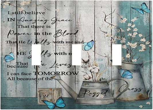 Vintage Teal Butterfly Inspirational Quotes Wood Plank 3 Gang Light Switch Covers Triple Toggle Wall Plate Decorative Switchplate Electrical Faceplate for Farmhouse Country Bedroom Kitchen Decor