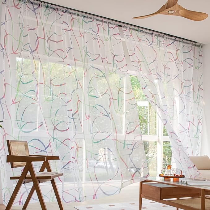 Windows Printing Pattern Sheer White Curtains 63 Inches Length 2 Panels Voile Light Filtering Sheer Curtains Panel Basic Rod Pocket for Bedroom Living Room Children Room Kitchen Yard