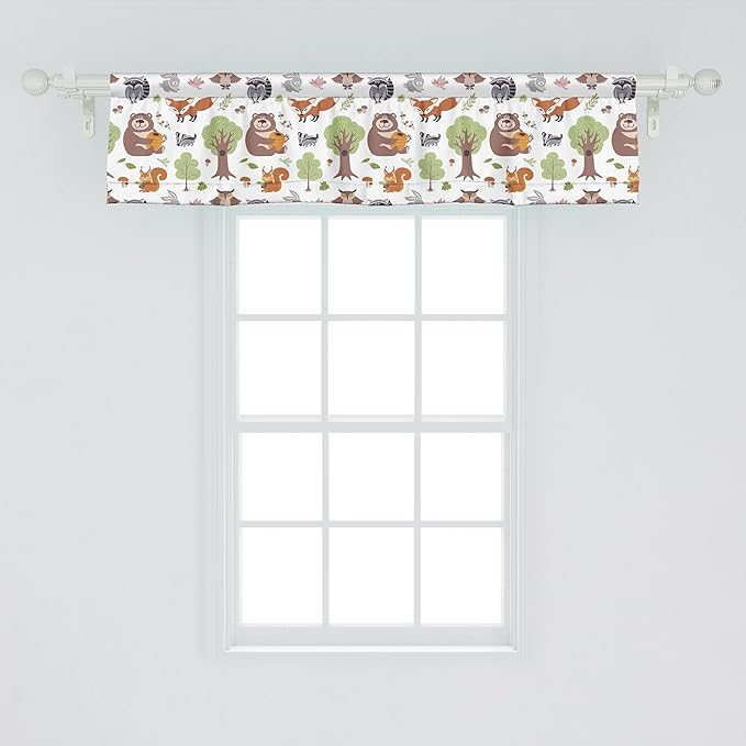 Ambesonne Forest Window Valance, Doodle Woodland Creatures as Honey Bear Rabbit Fox and Raccoon in Nature Habitat, Curtain Valance for Kitchen Bedroom Decor with Rod Pocket, 42" x 12", Multicolor