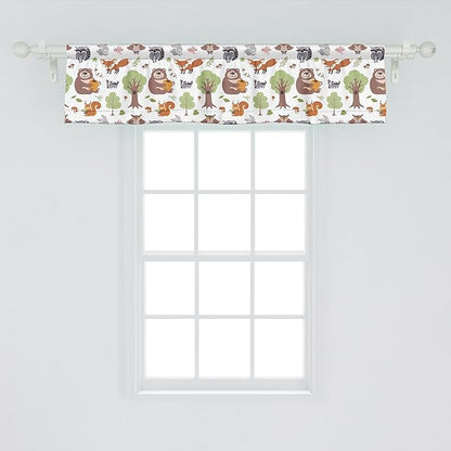 Ambesonne Forest Window Valance, Doodle Woodland Creatures as Honey Bear Rabbit Fox and Raccoon in Nature Habitat, Curtain Valance for Kitchen Bedroom Decor with Rod Pocket, 42" x 12", Multicolor