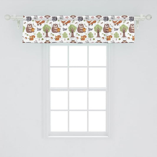 Ambesonne Forest Window Valance, Doodle Woodland Creatures as Honey Bear Rabbit Fox and Raccoon in Nature Habitat, Curtain Valance for Kitchen Bedroom Decor with Rod Pocket, 42" x 12", Multicolor