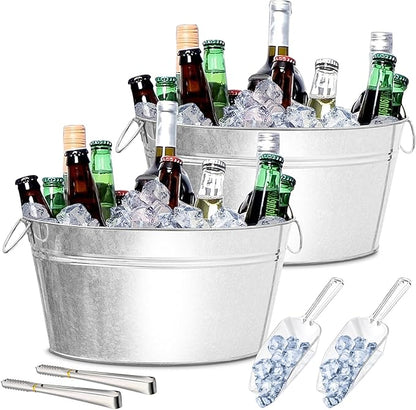 2 Pack Large Ice Buckets with Handles for Parties, IKAYAS Galvanized Metal Ice Bucket Ice Tub with Scoop and Tongs for Cocktail Bar Mimosa Bar Supplies, Large Champagne Bucket Beer Bucket Metal Tub