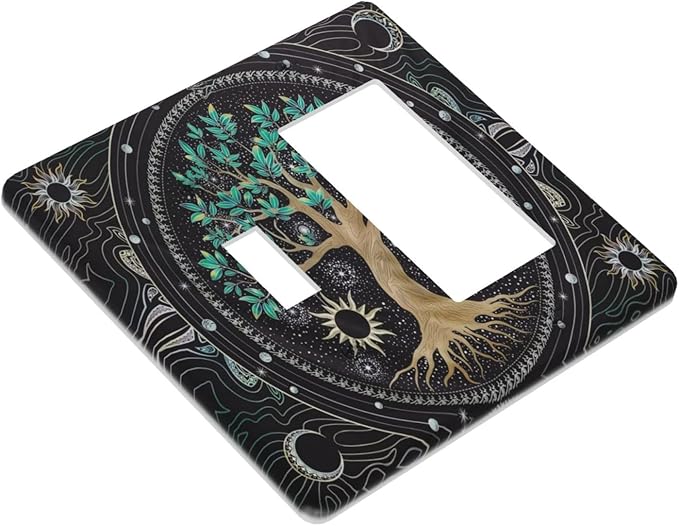 Tree of Life Blackground 2 Gang Single Toggle Rocker Combination Light Switch Cover Hippie Sun Moon Star Decorative Wall Plate Cover Electrical Faceplate for Bathroom Bedroom Kitchen Decorate