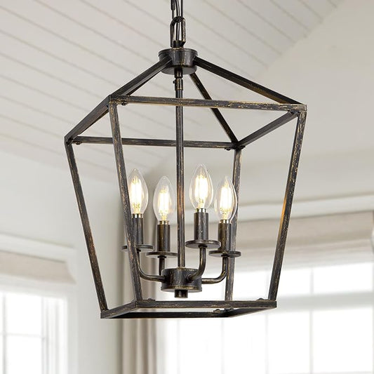 4 Light Chandelier Lighting, Industrial Ceiling Light Black Lantern with Brushed Gold, Geometric Metal Hanging Light Fixture with Adjustable Chain, E12 Base for Entryway Kitchen Island, Indoor Use