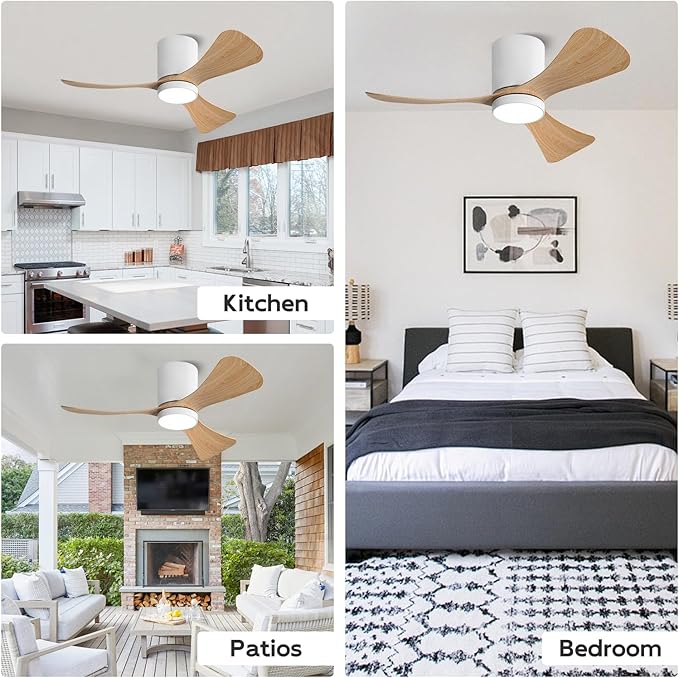 42 Inch Low Profile Ceiling Fan with Lights, Modern Flush Mount Ceiling Fan, 3 ABS Blades, 6-Speed, Reversible DC Motor, Noiseless, for Indoor/Outdoor Kitchen Bedroom, White+Wood