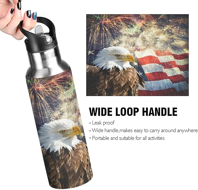 xigua 22 OZ Bald Eagle American Flag Water Bottle with Straw, Sports Water Bottle BPA Free Stainless Steel Water Jugs for Gym, Kitchen, Working, Outdoor