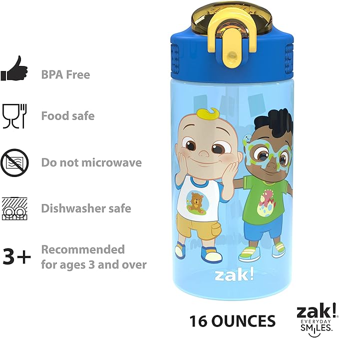 Zak Designs CoComelon Kids Water Bottle with Spout Cover and Built-In Carrying Loop, Made of Durable Plastic, Leak-Proof Water Bottle Design for Travel (16 oz, Pack of 2)