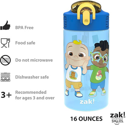 Zak Designs CoComelon Kids Water Bottle with Spout Cover and Built-In Carrying Loop, Made of Durable Plastic, Leak-Proof Water Bottle Design for Travel (16 oz, Pack of 2)