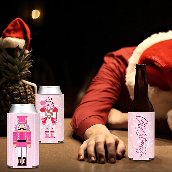 12 Pcs Pink Christmas Party Can Coolers - Funny Christmas Nutcrackers Slim Can Sleeve for Xmas Holiday Gathering Party Decorations Supplies