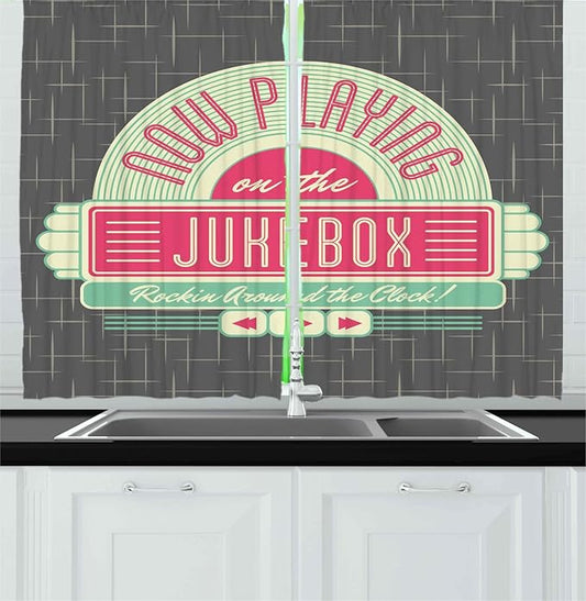 Ambesonne Jukebox Long Kitchen Curtains, Charcoal Grey Backdrop with 50s Inspired Radio Music Box Image, Two Panels Drapes with Rod Pocket Room Decor, 55" x 45", Mint Green Hot Pink and White