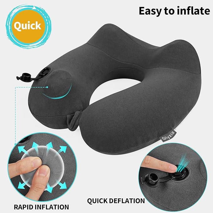 2 Pack Inflatable Travel Neck Pillow for Airplane, 360° Head Support Velvet Adult Neck Pillow for Long Flight, Removable Washable Cover, Kit with Eye Masks, Earplugs & Storage Bag, Grey