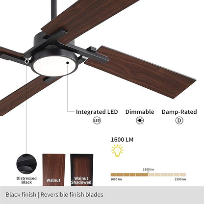 WINGBO 56 Inch DC Ceiling Fan with Lights and Remote, 4 Plywood Blades, 6-Speed Reversible DC Motor, Dimmable, 3CCT, Ceiling Fan for Bedroom Living Room Kitchen, Black and Walnut/Shadowed Walnut