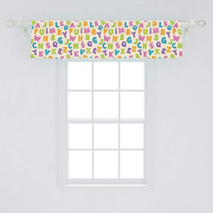 Ambesonne ABC Window Valance, Funny Letters in Lively Colors Cartoon Style ABC Alphabet on Polka Dots Backdrop, Curtain Valance for Kitchen Bedroom Decor with Rod Pocket, 54" X 12", Cream Green