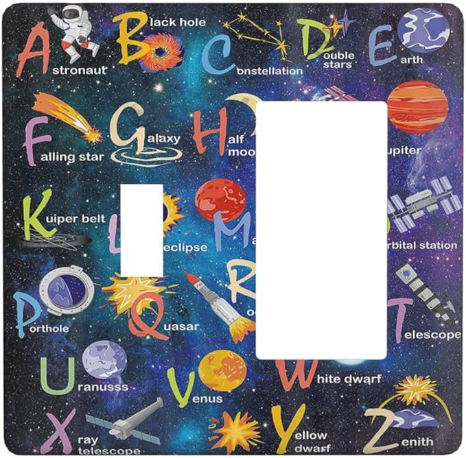 ABC Outer Space 2 Gang Single Toggle Rocker Combination Light Switch Cover Alphabet Galaxy Boys Educational Decorative Wall Plate Cover Electrical Faceplate for Kidroom Nursery Boyroom Kitchen Decor