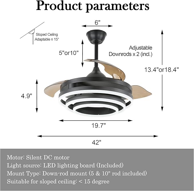 42" Retractable Ceiling Fan with Lights & Remote - Silent DC Motor Modern Ceiling Fan - 6 Speed LED Fan for Bedroom living room Kitchen