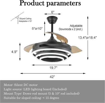 42" Retractable Ceiling Fan with Lights & Remote - Silent DC Motor Modern Ceiling Fan - 6 Speed LED Fan for Bedroom living room Kitchen