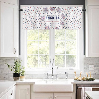 Vandarllin 4th of July Kitchen Curtains Valances for Windows Patriotic America Stars Fireworks Rod Pocket Window Treatment for Kitchen/Living Room/Bedroom/Bathroom, 42" X 12", Red White Blue