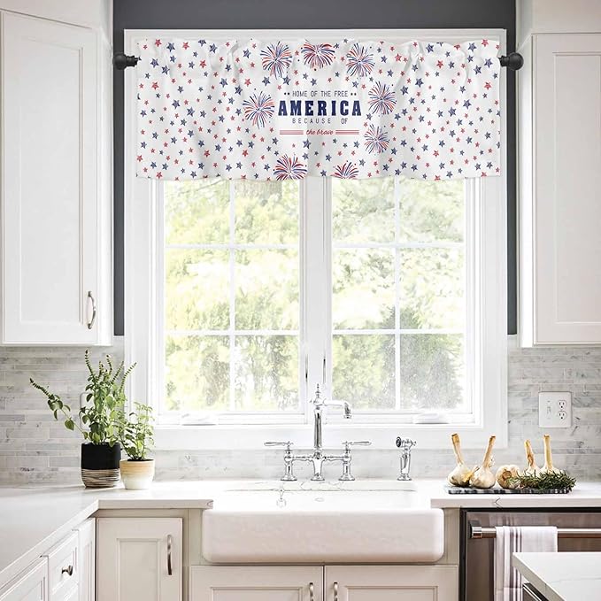 Vandarllin 4th of July Kitchen Curtains Valances for Windows Patriotic America Stars Fireworks Rod Pocket Window Treatment for Kitchen/Living Room/Bedroom/Bathroom, 54" X 18", Red White Blue