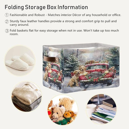 Christmas Truck Golden Retriever Storage Basket Fabric Kitchen Baskets Winter Car Dogs Xmas Tree Open Home Storage Bins Boxes Foldable Organizer Bag for Book Shelf Closet Baskets 16×12×8 Inches