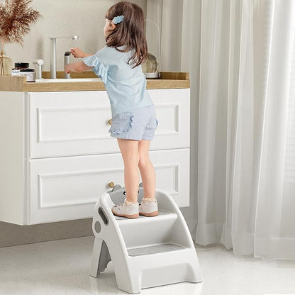 UNCLE WU Step Stool for Kids, Foldable Anti-Slip 2-Step, Lightweight, Safety Handles - Toilet Potty Training, Toddler Ladder Bathroom Sink,Kitchen Counter Stool Helper (Gray White) Small