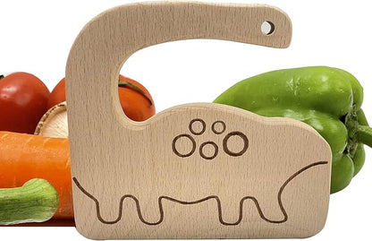 Wooden Kids Knife for Cooking, Toddler Safe Knife for Cutting Vegetable Fruit, Cute Dinosaur Shape Kids Kitchen Tools- Kids Chef Knife with Original Wood, No Paint