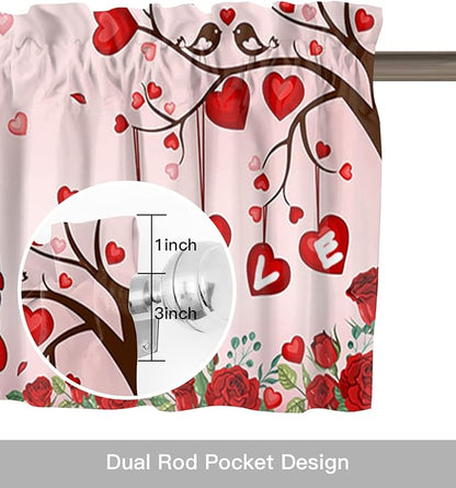 Vandarllin Valentines Day Decor Valances Kitchen Curtains for Windows, Valentine's Hearts Gnomes Love Tree Rod Pocket Valances Red Roses Short Curtains for Bedroom/Living Room,54" X 18" -1 Panel