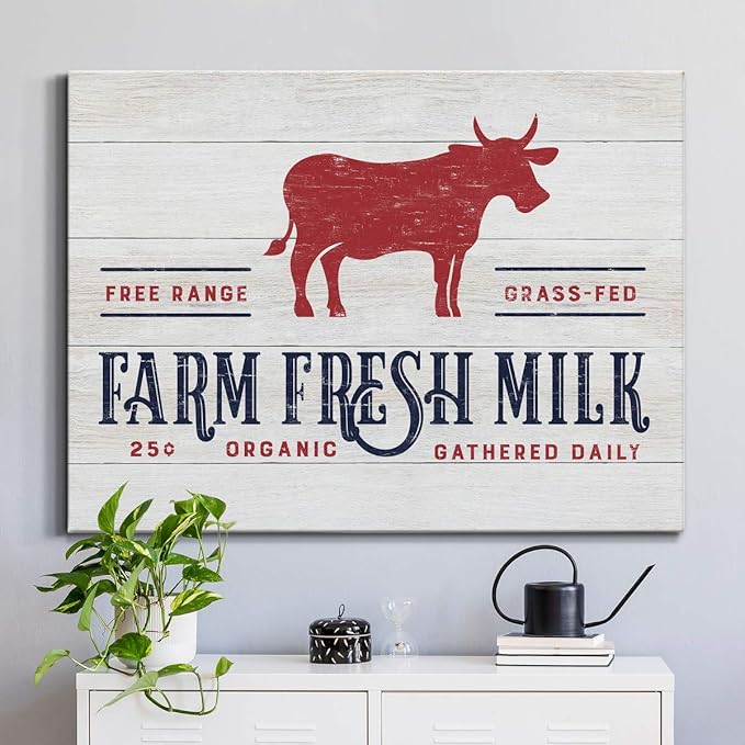 Renditions Gallery Canvas Animal Wall Art Home Paintings & Prints Organic Farm Fresh Milk Abstract Red & White Modern Cow Artwork Decorations for Bedroom Office Kitchen - 32"x48" LT33