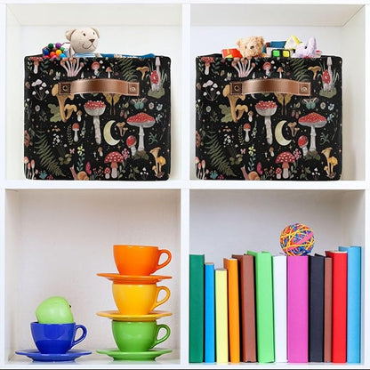 Mushroom Gothic Witch Storage Basket Bin for Shelves Closet Fern Leaves Foldable Fabric Storage Box Cube with Handles Kids Gifts Toy Clothes Shelf Basket Organizer for Bedroom Nursery Home Decorative