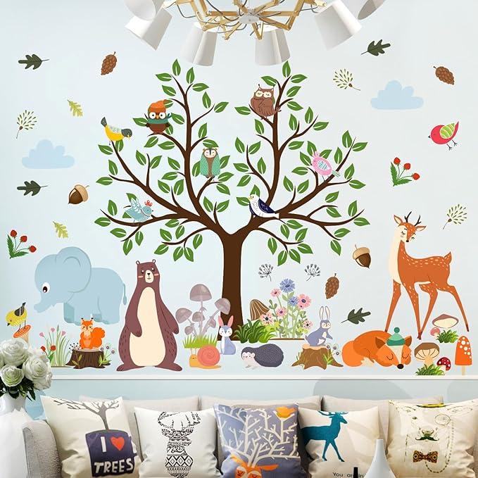 AM AMAONM Removable Jungle Animals Fox Deer Elephant Birds Lion Wall Decals DIY Tree and Leaves Wall Sticker Peel and Stick Home Wall Art Decor for Kids Baby Boys Nursery Bedroom Classroom (39144)