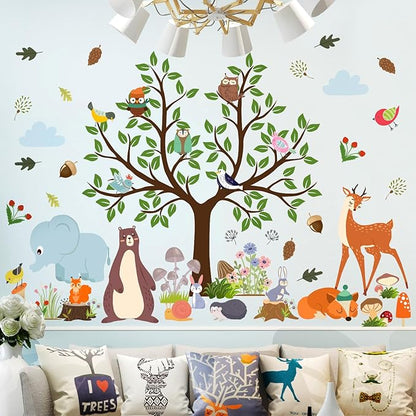 AM AMAONM Removable Jungle Animals Fox Deer Elephant Birds Lion Wall Decals DIY Tree and Leaves Wall Sticker Peel and Stick Home Wall Art Decor for Kids Baby Boys Nursery Bedroom Classroom (39144)