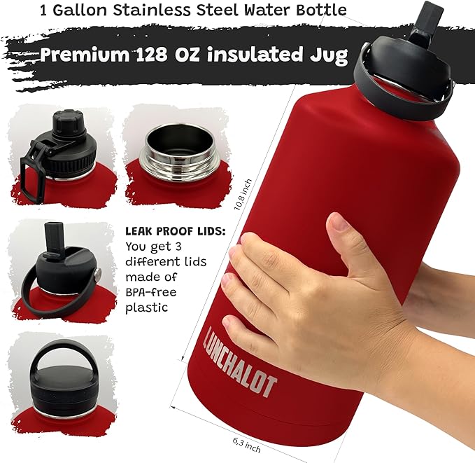 1 Gallon Water Bottle Insulated - 128 Oz Stainless Steel Metal Water Jug with Holder - | Carrying Bag | Spout Handle | Straw Lids | Keep Cold & Hot | - Red Tactical Flask