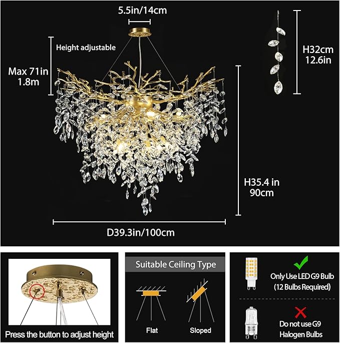 40 inch Crystal Chandelier for Dining Room, Round Gold Tree Branches Chandeliers, Top K9 Crystal Chandelier, Modern Chandeliers for Kitchen,Foyer Entryway,Luxury Adjustable Hanging Chandelier