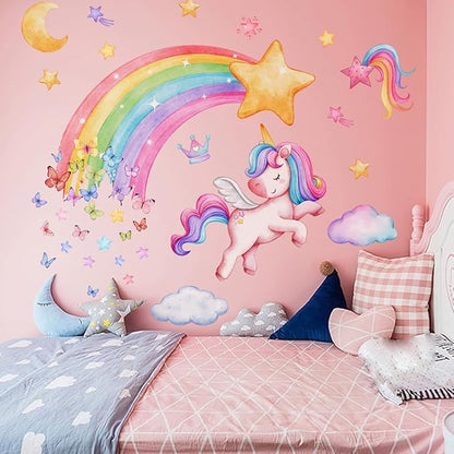 Colorful Wall Decals Set - Rainbow, Moon & Stars, Unicorn Designs - 30x60cm Sheets - Easy Peel & Stick for Home Decor