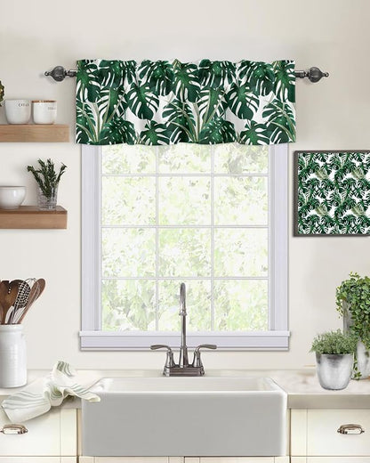 Vandarllin Summer Tropical Plant Kitchen Curtains Valances for Windows Green Monstera Leaves Rod Pocket Window Treatment for Kitchen/Living Room/Bedroom/Bathroom,42" X 12" -1 Panel,