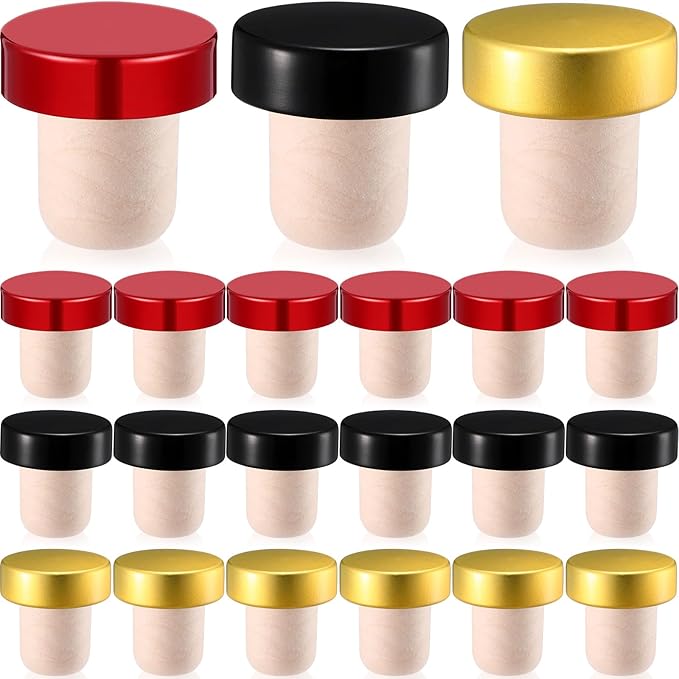 Yookeer T-shaped Stopper Cork Wine Stopper Bottle Stoppers Reusable Wine Bottle Stopper Sealing Plug Bottle for Wine Beer Bottles DIY Craft (Black, Gold, Red,24 Pieces)