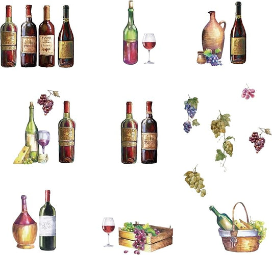 SUPERDANT 9PCS Wine Bottle Wall Decals Watercolor Red Wine Bottle Kitchen Decoration Theme Wall Sticker Grapes Artwork Stick Fruit Wall Decal for Kitchen Dining Room Bar Home Restaurant