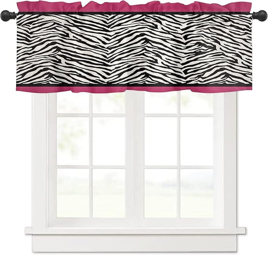 Valance Curtains for Kitchen Window, Animal Zebra Print Rod Pocket Valances Window Treatments Black White Pink Short Curtains for Bedroom/Living Room,54" X 18" -1 Panel,