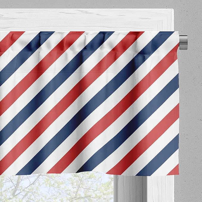 Ambesonne Harbour Stripe Valance & Tier Curtain 3 pcs Set, Vintage Barber Pole Helix of Colored Stripes Medieval Contrast Design, Window Treatments for Kitchen Room Decor, 55" x 36", Blue Red