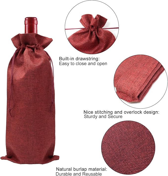 yueton 2Pack Burlap Wine Bags Reusable Wine Bottle Bags Exquiste Wine Gift Bags with Drawstring for Wedding Christmas Party Home