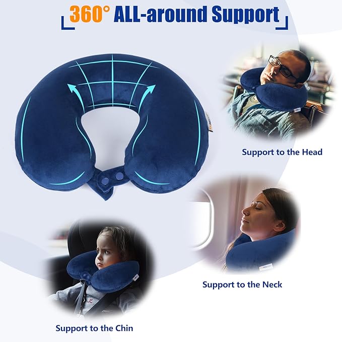 SAIREIDER Neck Pillows for Travel-Head Neck Support Travel Pillow for Traveling, Car, Home, Office Adjustable with Storage Bag (Navy Blue)