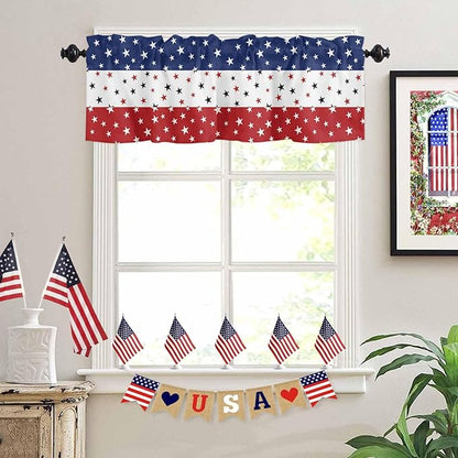 Vandarllin July 4th Kitchen Curtains Valances for Windows Red White Blue Rod Pocket Window Treatment for Kitchen/Living Room/Bedroom/Bathroom, 60" X 18", Independence Day Americana Stars