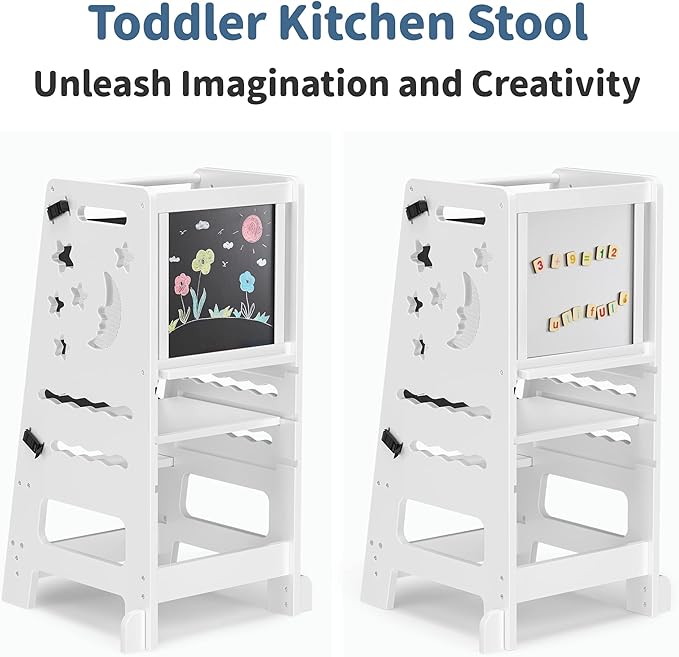 TOETOL Bamboo Toddler Kitchen Stool for Kids Step Stool - White Little Helper Tower Adjustable Height with Learning Black & White Activity Board