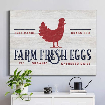 Renditions Gallery Canvas Animal Wall Art Home Paintings & Prints Organic Farm Fresh Eggs Abstract Red & White Modern Chicken Artwork Decorations for Bedroom Office Kitchen - 24"x36" LT33