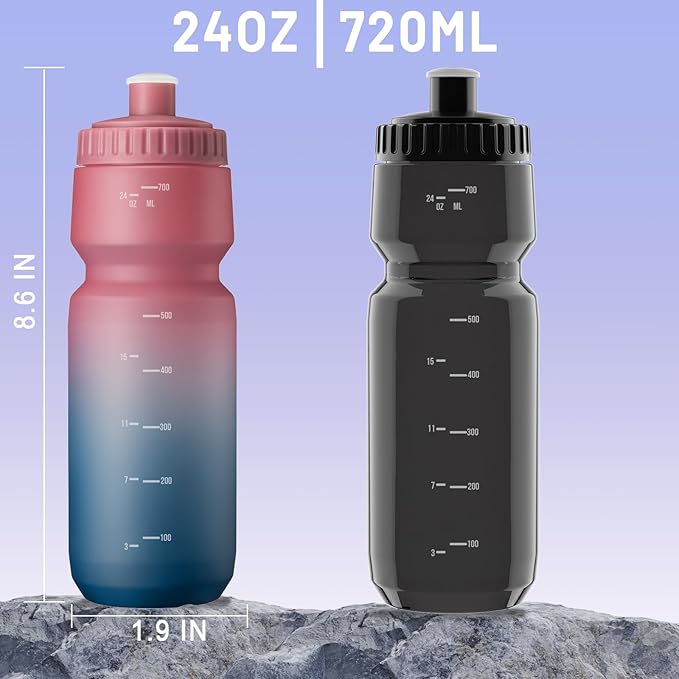 2 Pack Squeeze Water Bottles, 24oz Cycling Water Bottle, 720ml Bike Water Bottles BPA Free for cycling, Running, Hiking etc